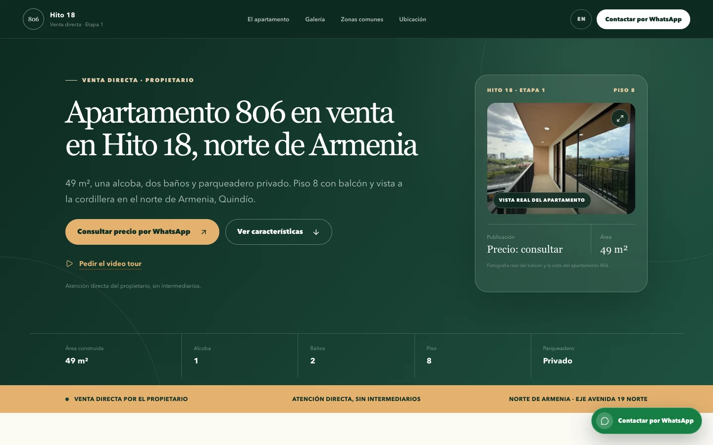 Captura real del sitio del apartamento Hito 18 en escritorio